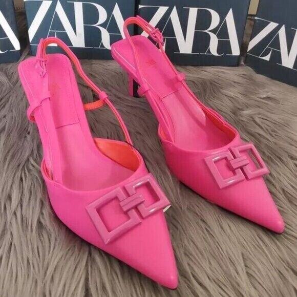 ZARA Leather Heels with Front Buckle NWT | Fuchsia Slingback Size 7.5 - Picture 6 of 16
